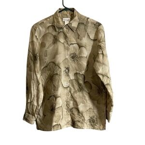 Liz Claiborne 100% Linen Shirt Small Floral Button Long Sleeve Tan Oversized